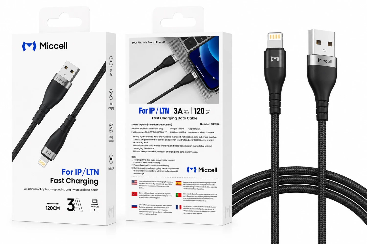 CABLE CHARGE D16 USB-IP 3A MICCELL BLANC